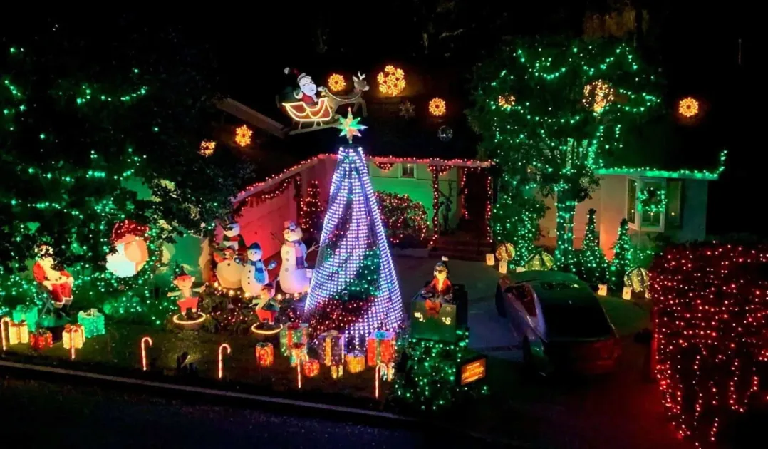 Colorful Stringlights House Top Angle View Dark Night Sky Outdoor Lights For Christmas