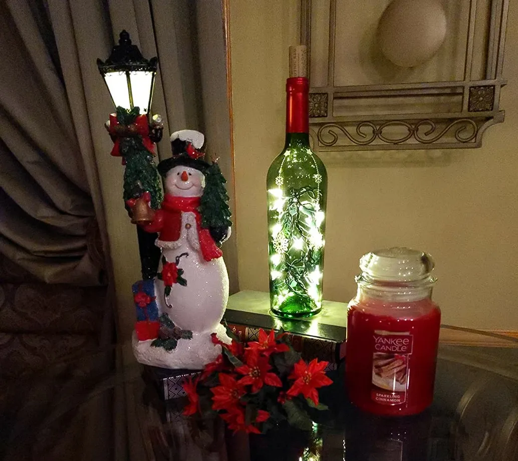 Fire Resistant Christmas Decorations Snow Man And Fairylight Inside Wine Bottle Displays
