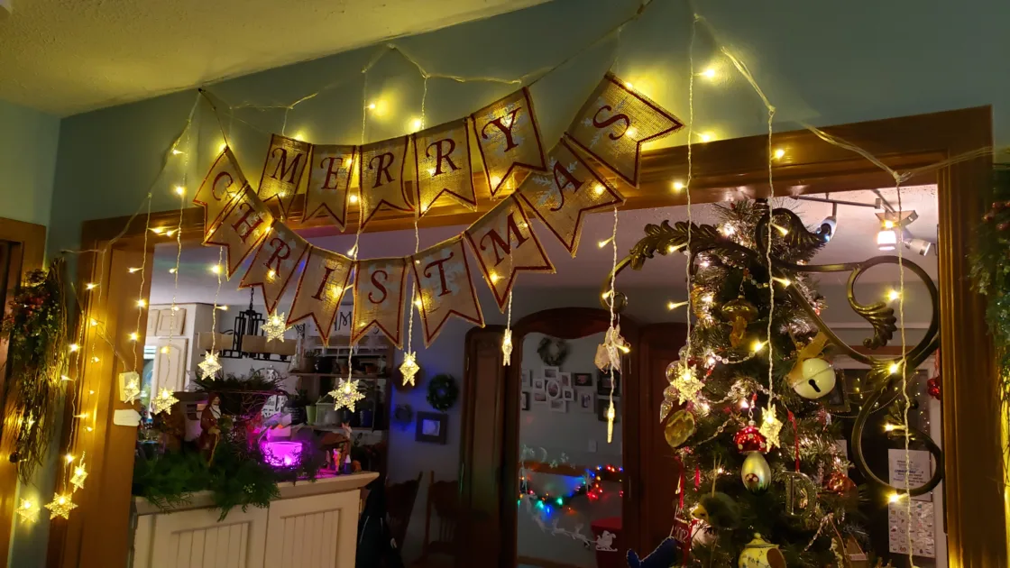 Warm Stringlights Merry Christmas Banner Closeup Angle View Trees Snowflake Christmas Lights