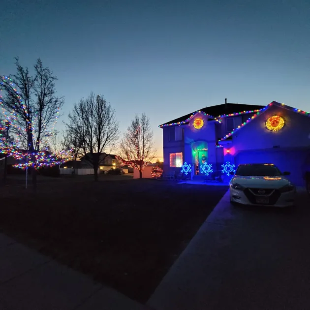 Blue Ledlights Housefront Car Sunset Trees Colorful Stringlights Snowflake Christmas Lights