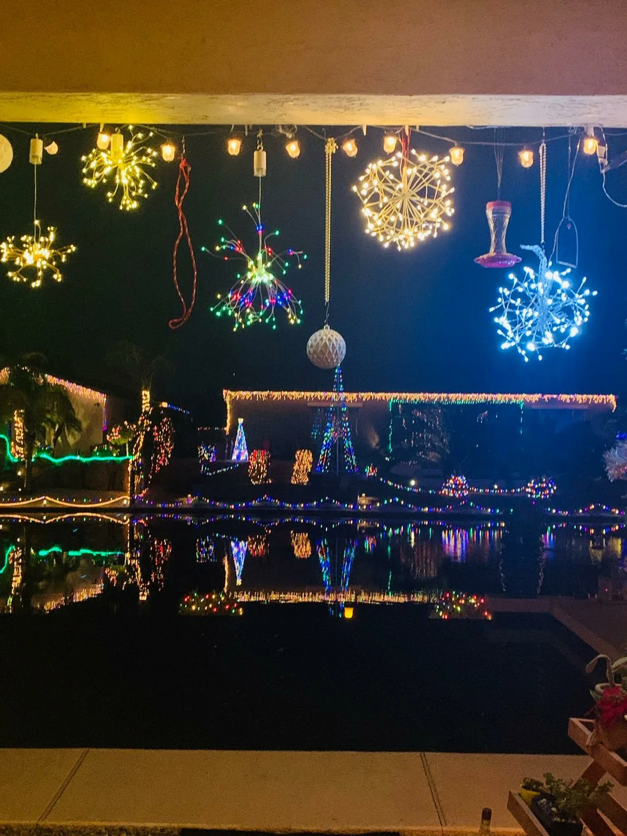 Colorful Stringlights Hanging Pool Dark Sky Night Angle View Outdoor Lights For Christmas