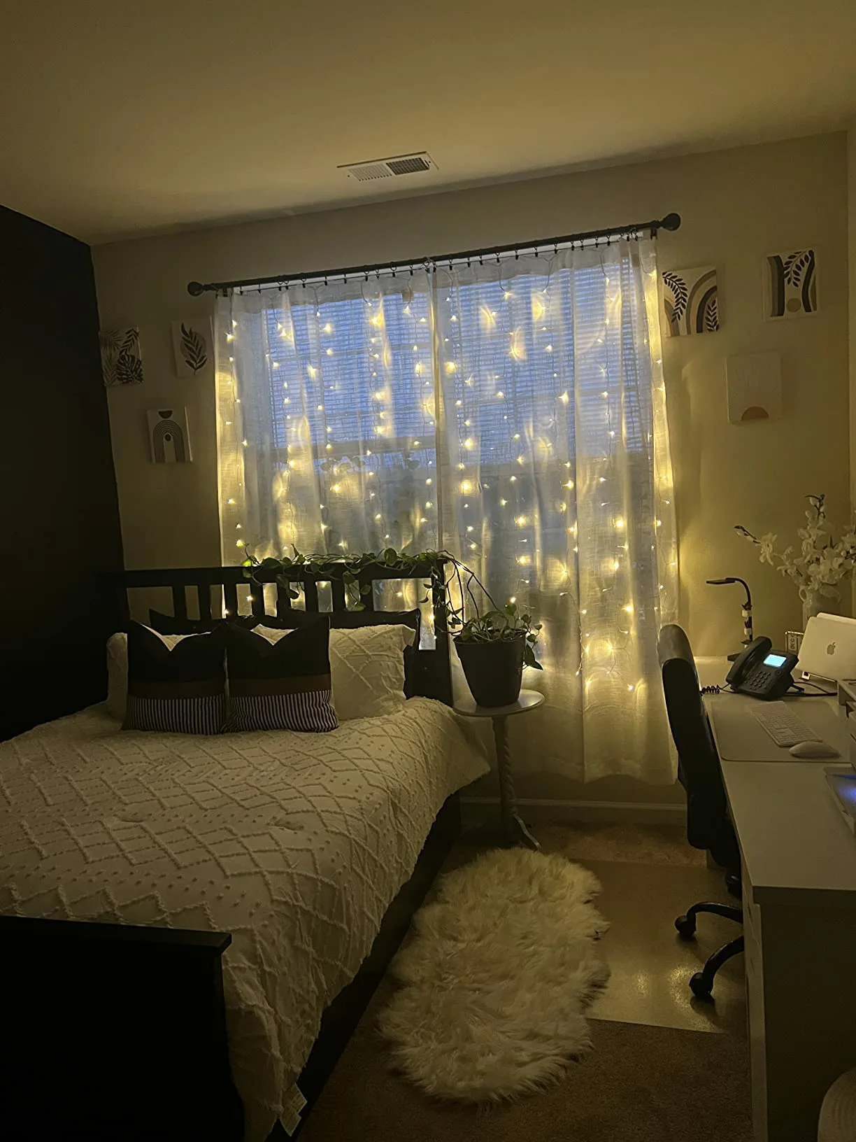 Warm Curtain Plant Vine Bed Angle View Bedroom Fairy Lights
